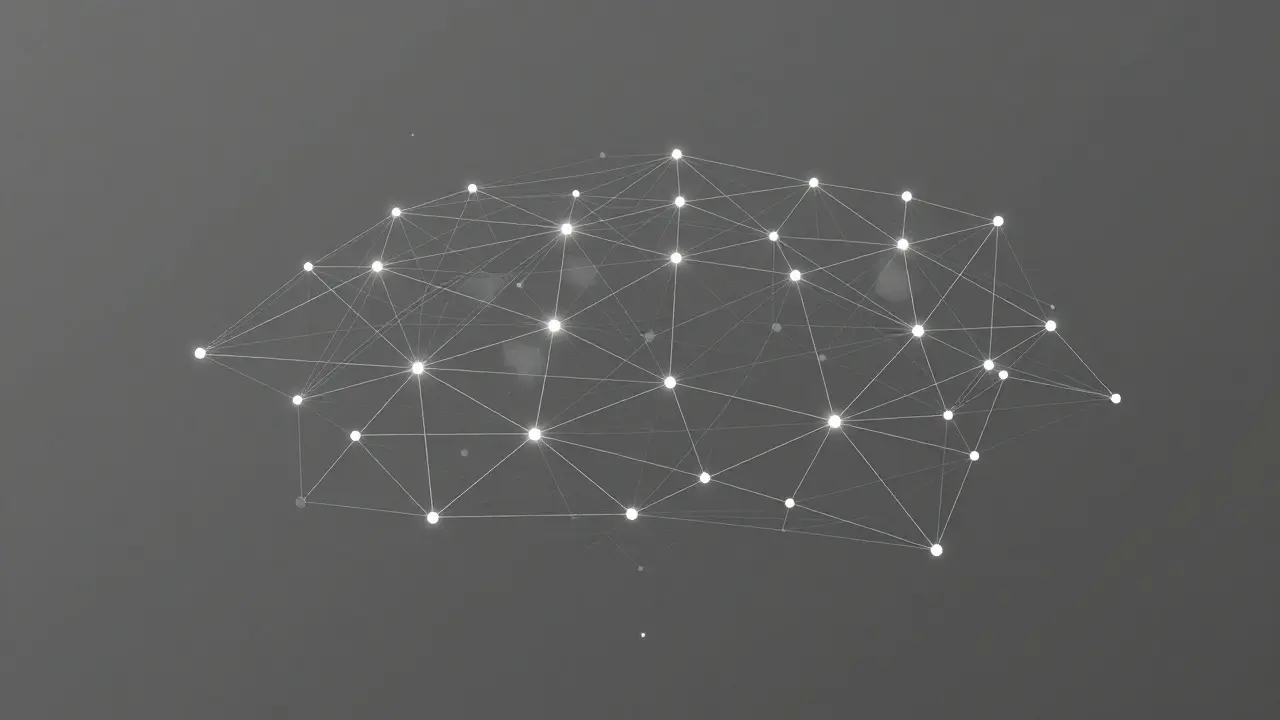 Abstract low poly network web with varying node brightness levels.