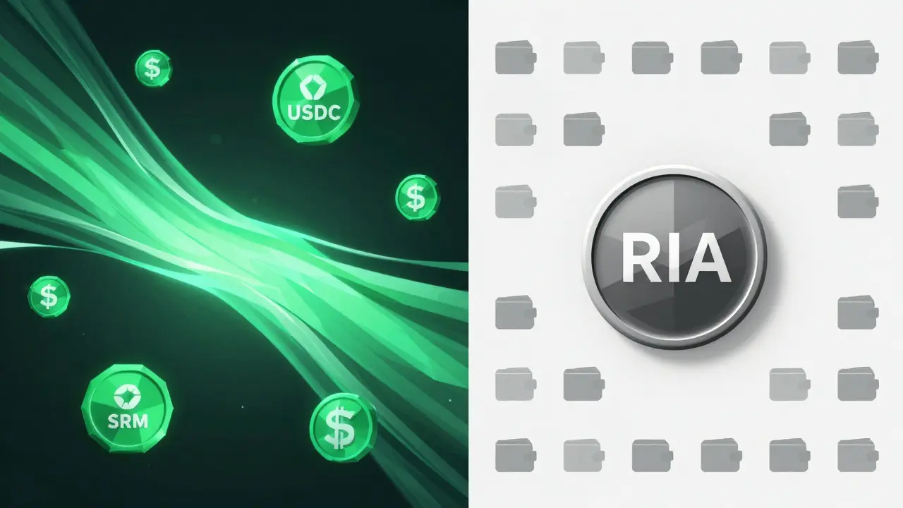 Active Solana tokens flow left while single RIA token sits isolated among only 72 dim wallets, low poly style.
