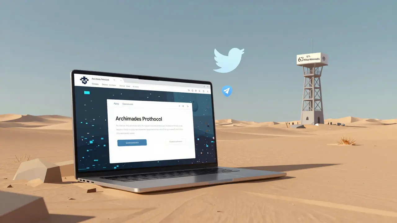 An abandoned DeFi website in a pixel desert, with fading community icons and unused mining towers.