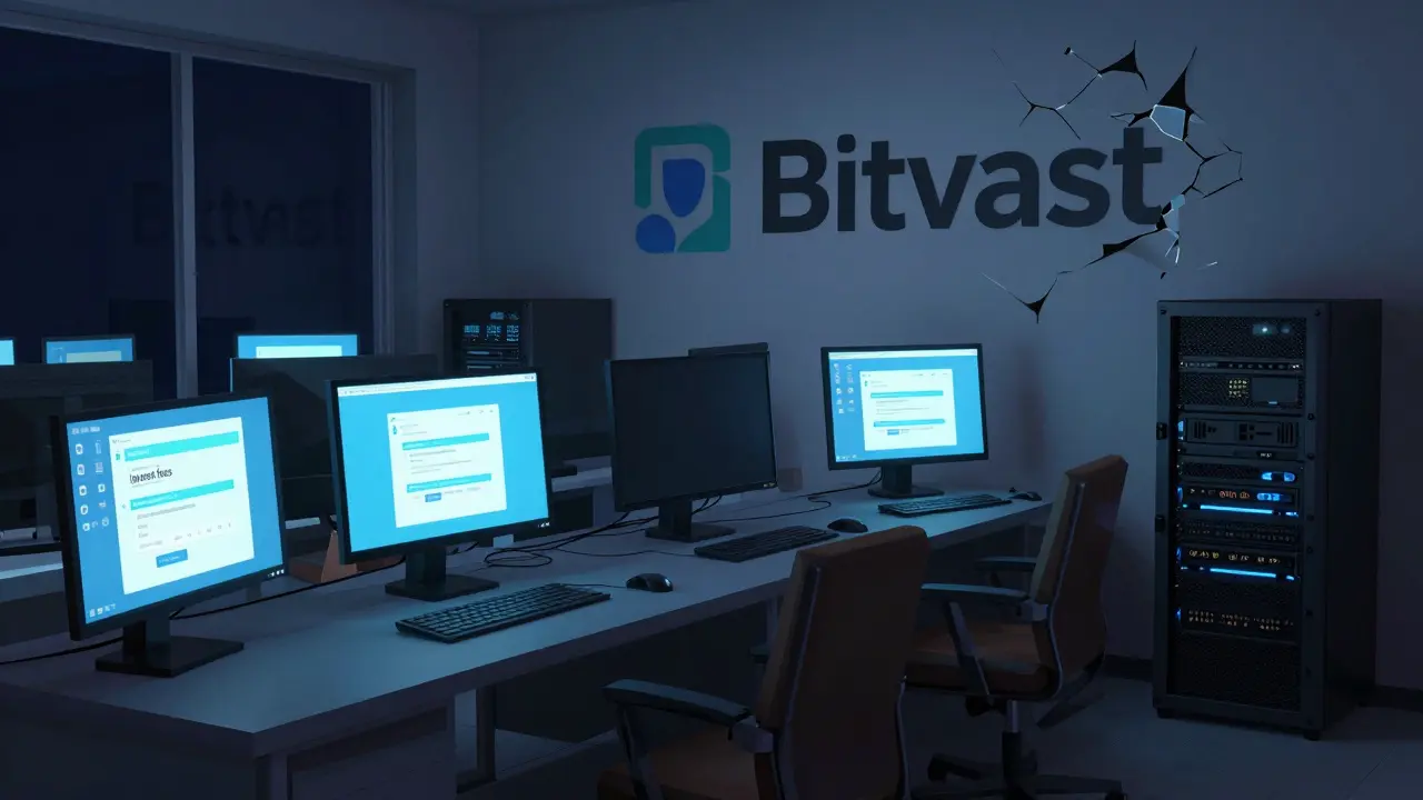 An empty digital office with frozen screens and a cracked Bitvast logo, lit by cold server glow.
