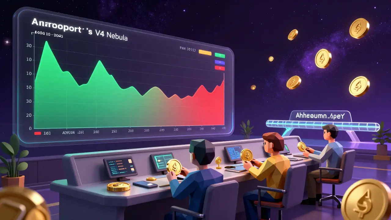 Astroport Nebula upgrade dashboard with dynamic fees, liquidity providers, and Ethereum Layer 2 bridge countdown.