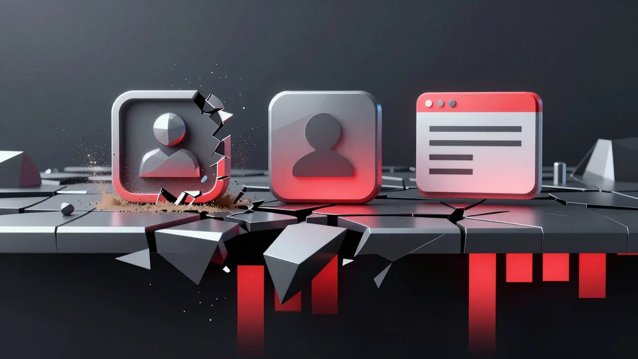 Broken staking platform and silent social media icons crumble in a digital wasteland, low poly style.