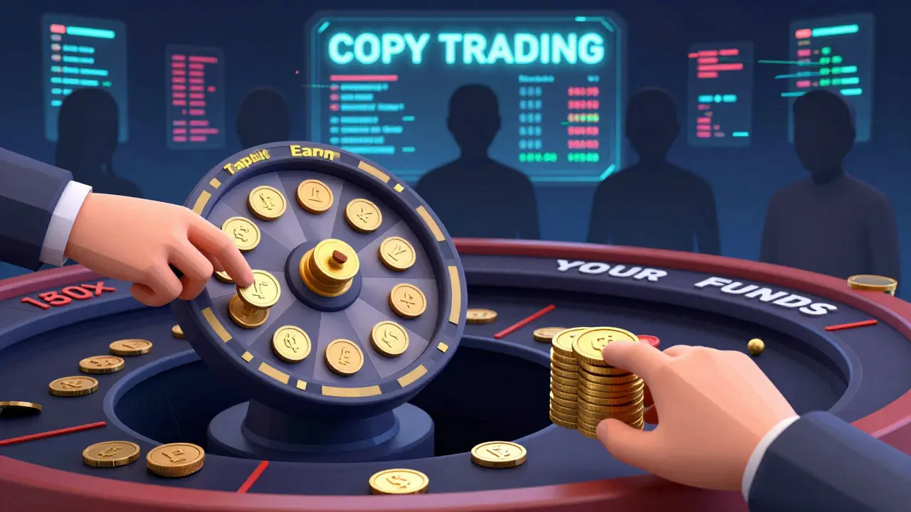 Casino wheel labeled 'Tapbit Earn' spinning over a leveraged futures abyss, user coins being pulled away.