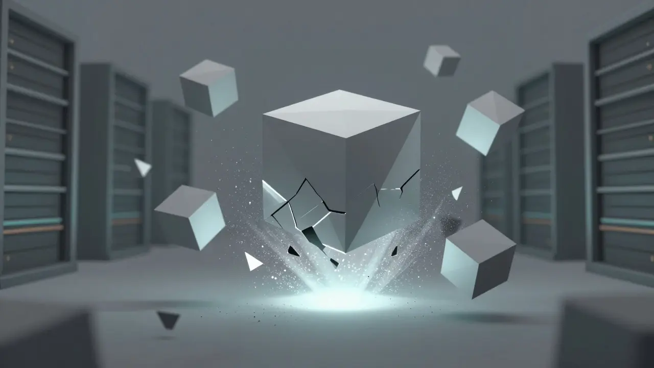 Crumbling geometric data blocks fading into digital void space.