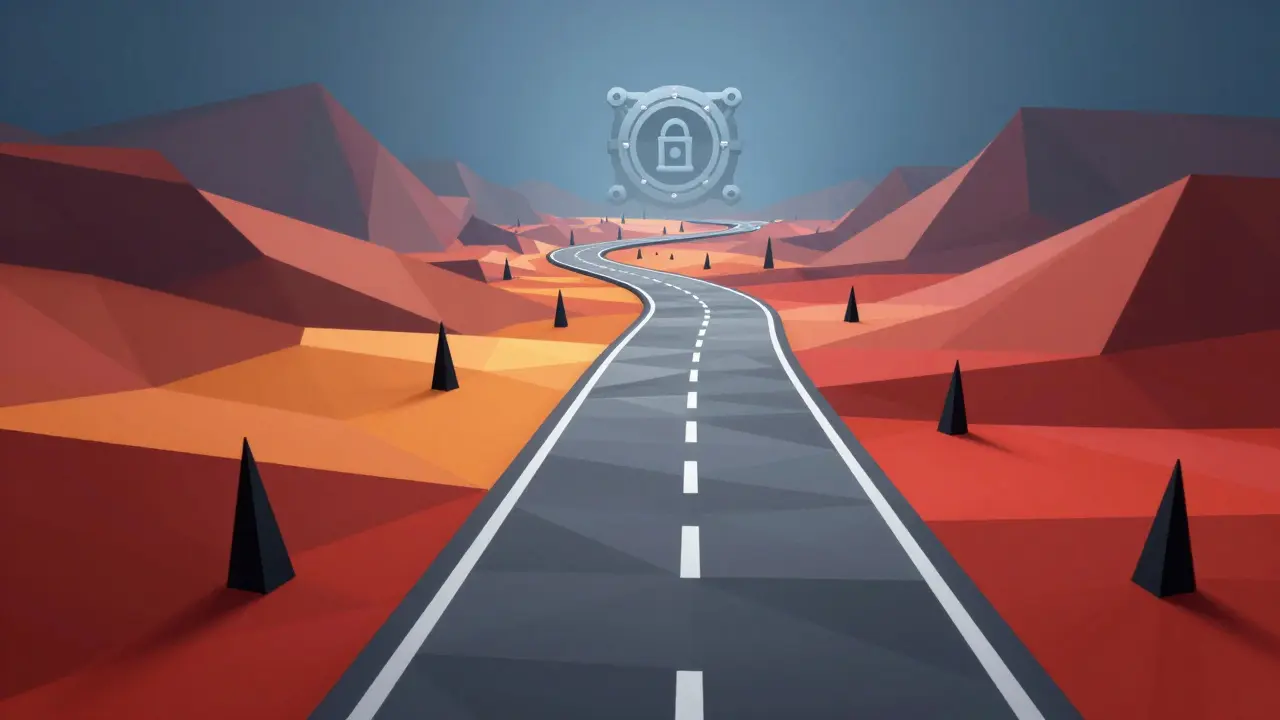 Futuristic low poly path navigating around financial risk zones