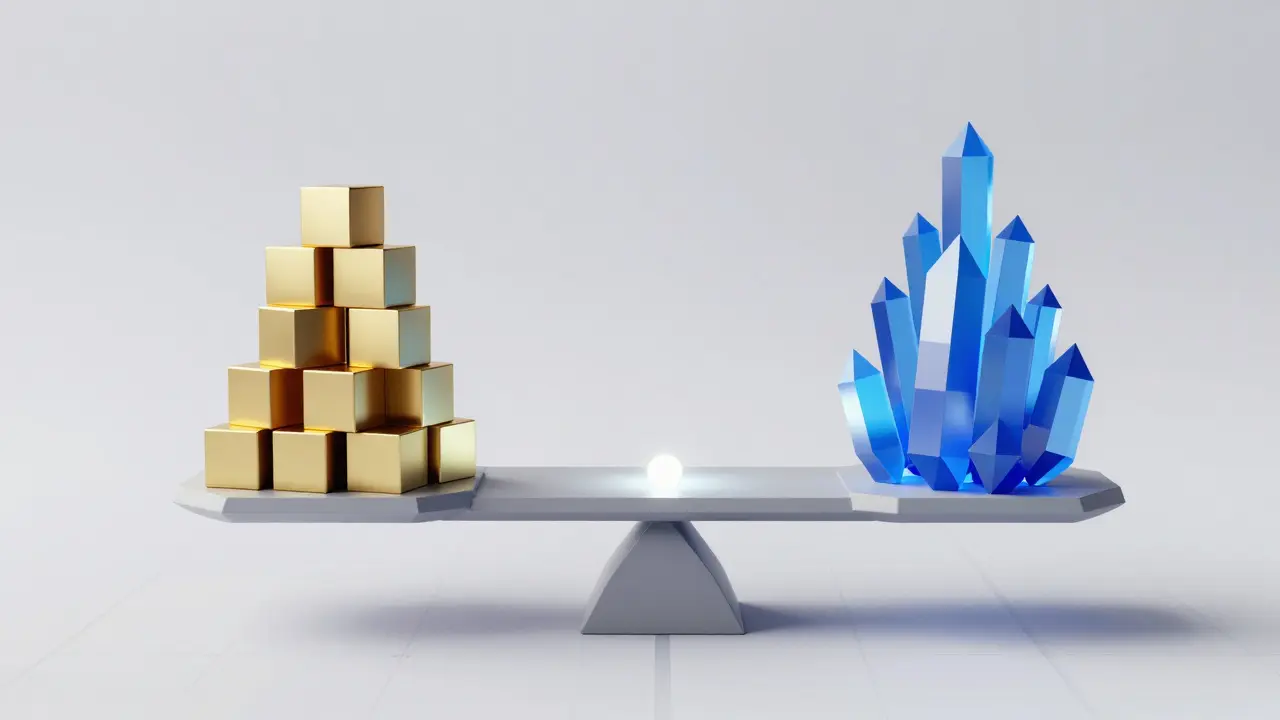 Geometric balance scale symbolizing crypto hedging mechanics