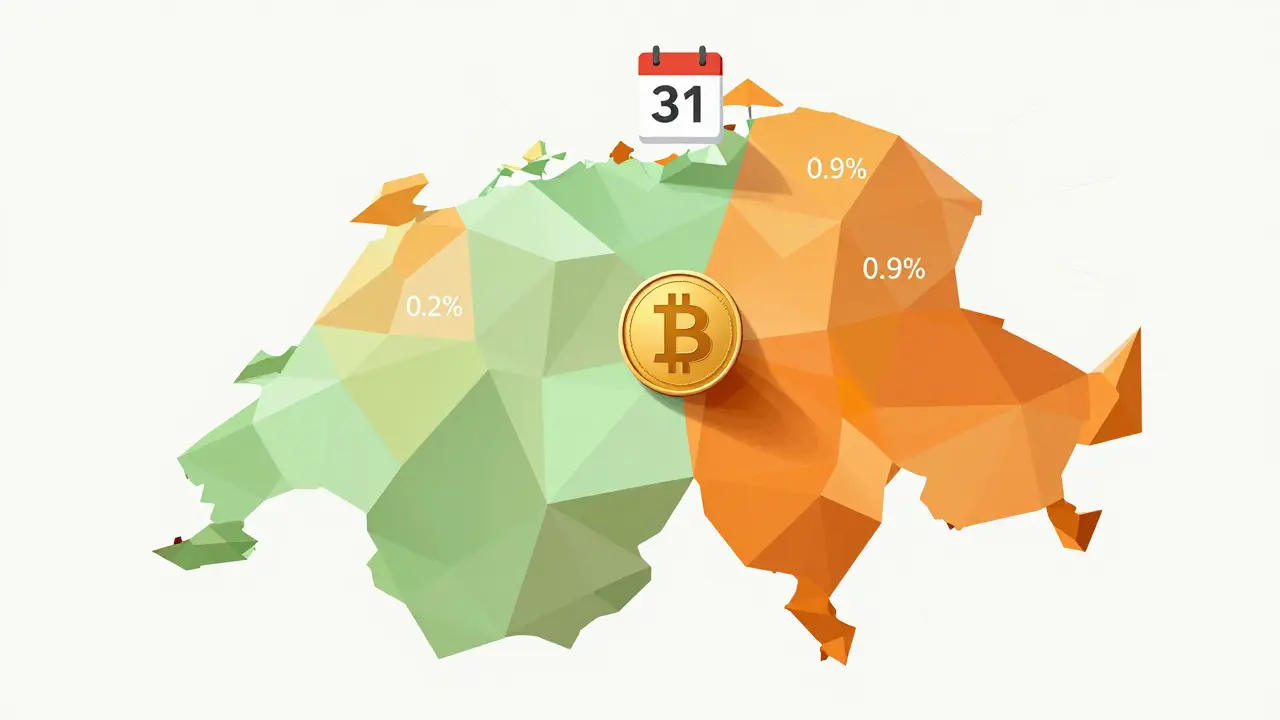 Geometric canton map with varying tax rates and a Bitcoin token at the center.