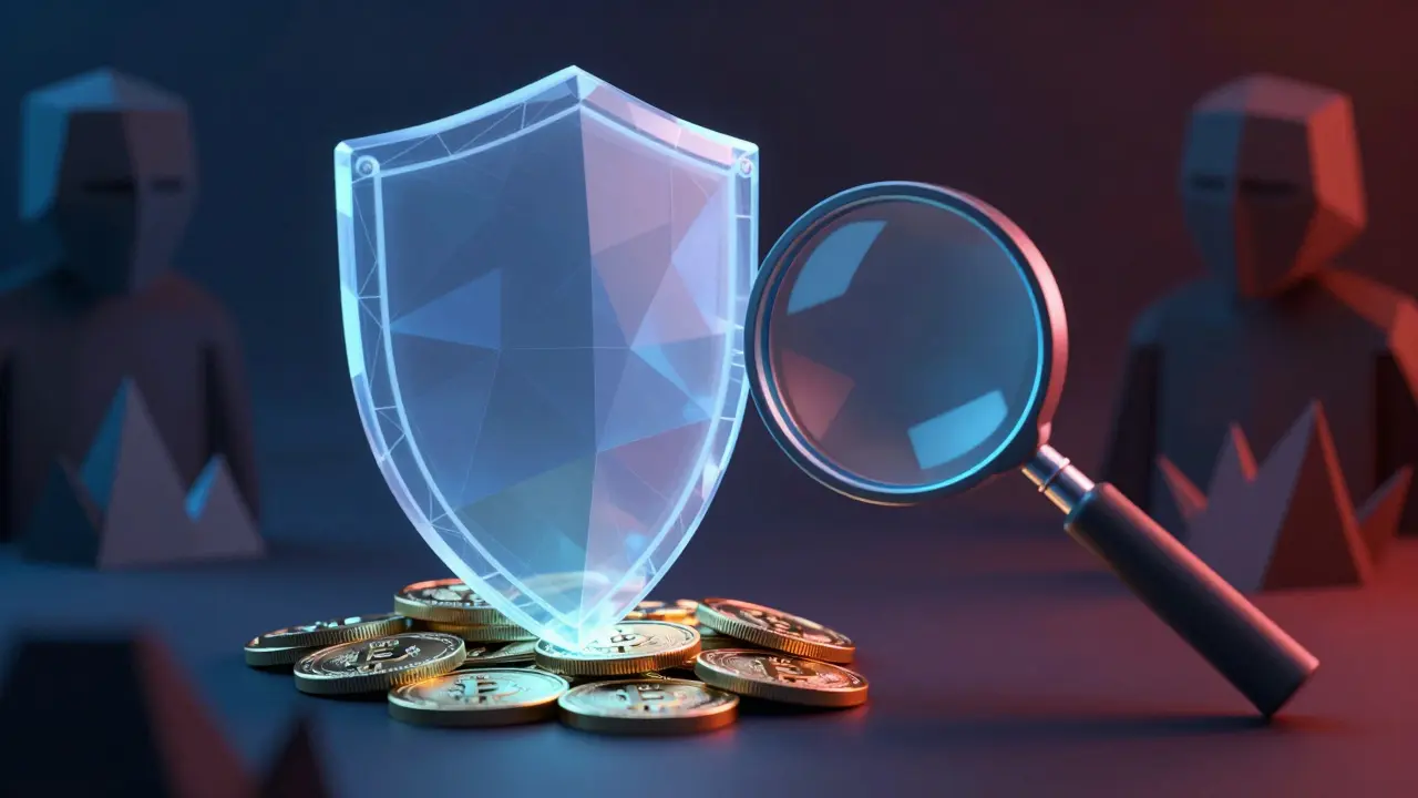 Geometric shield protecting digital tokens from jagged threat shapes.