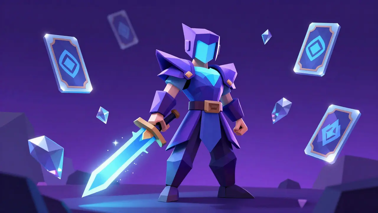 Geometric warrior character holding a sword with floating crystal assets nearby.