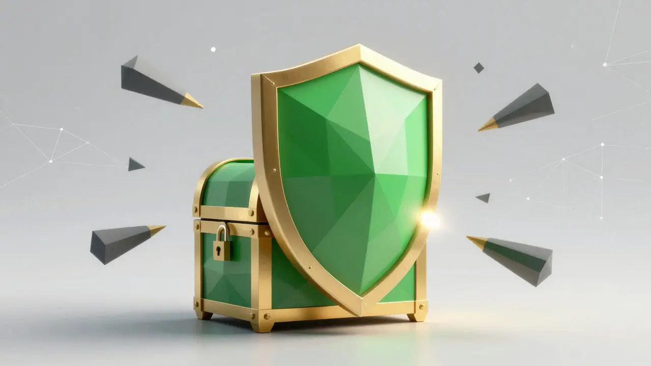 Green polygonal shield protecting locked digital wallet assets.