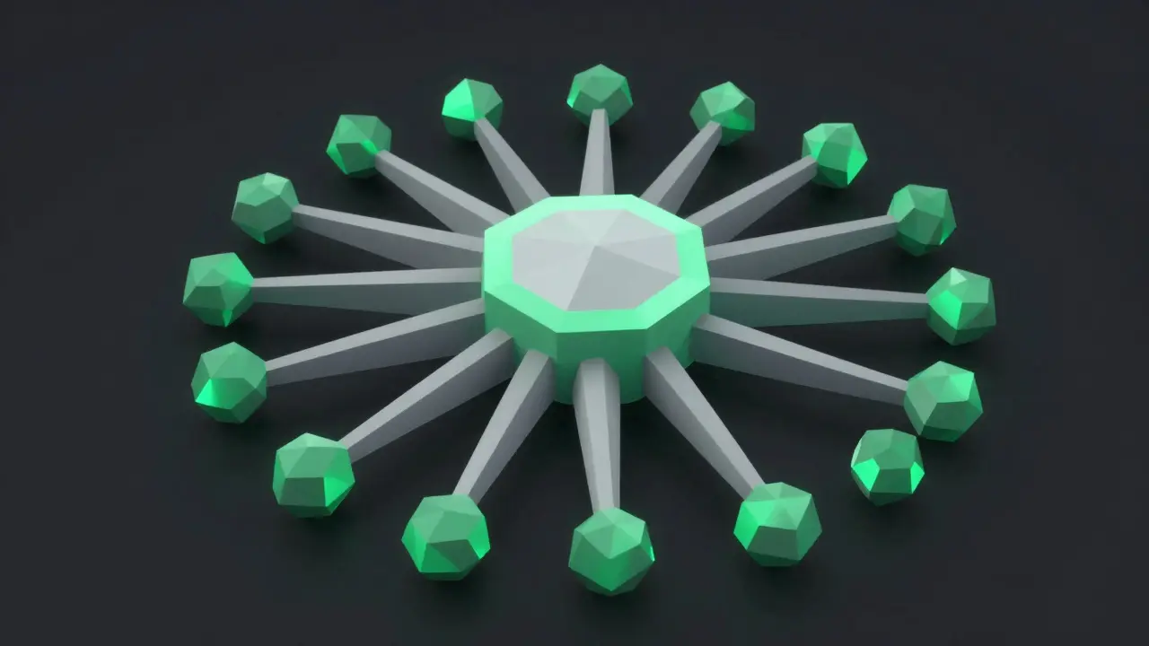 Growing low poly network node structure in green hues.