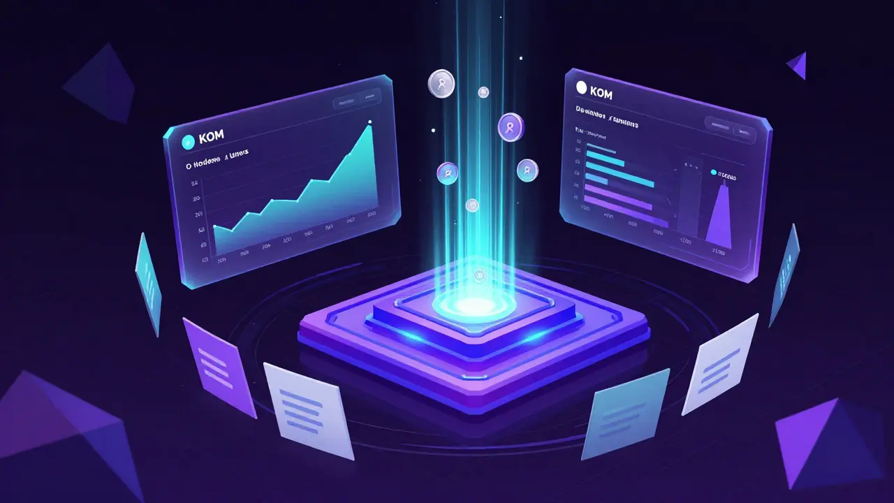 KOM tokens flowing into a smart contract core with voting ballots and staking stats.