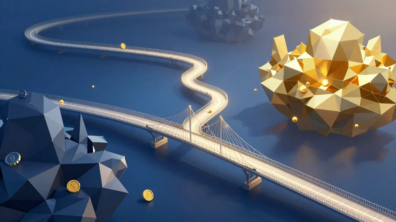 Low poly bridge connecting blockchain islands with rolling tokens.