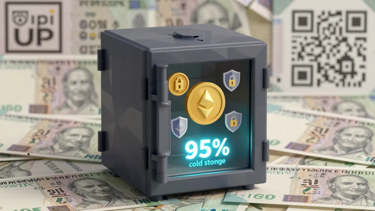 Low poly digital vault with cryptocurrency icons and security symbols representing cold storage.