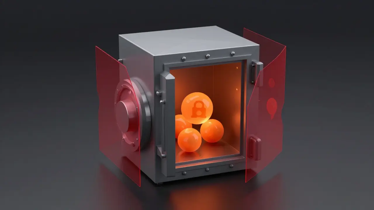 Metallic vault protecting glowing orbs from jagged red threat shapes.