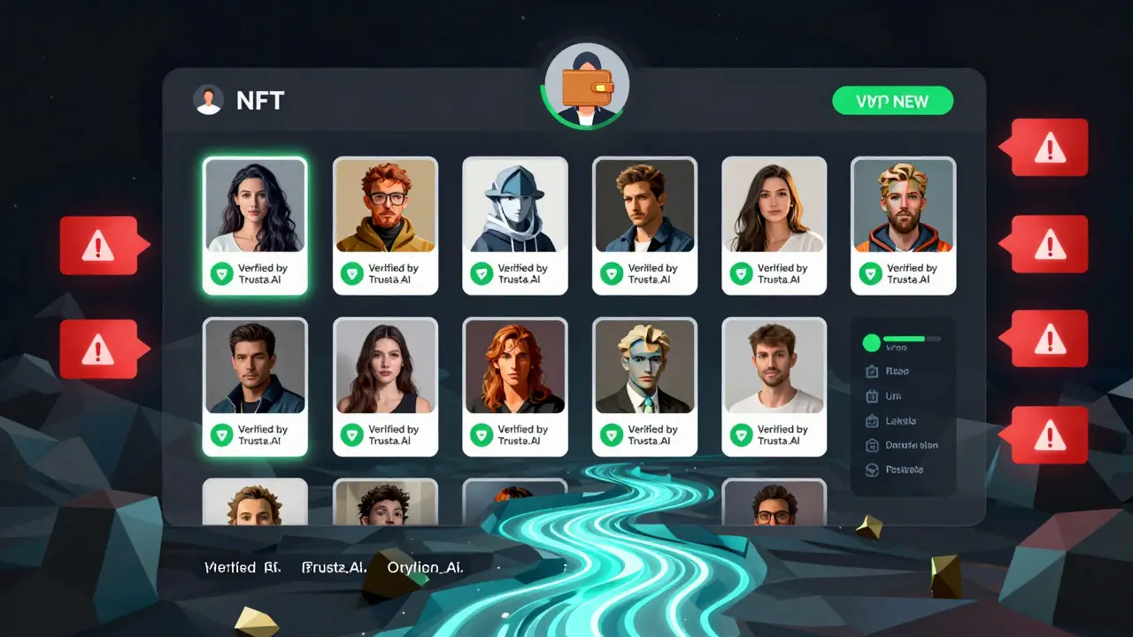 NFT marketplace with verified listings glowing green and scam listings flagged in red.