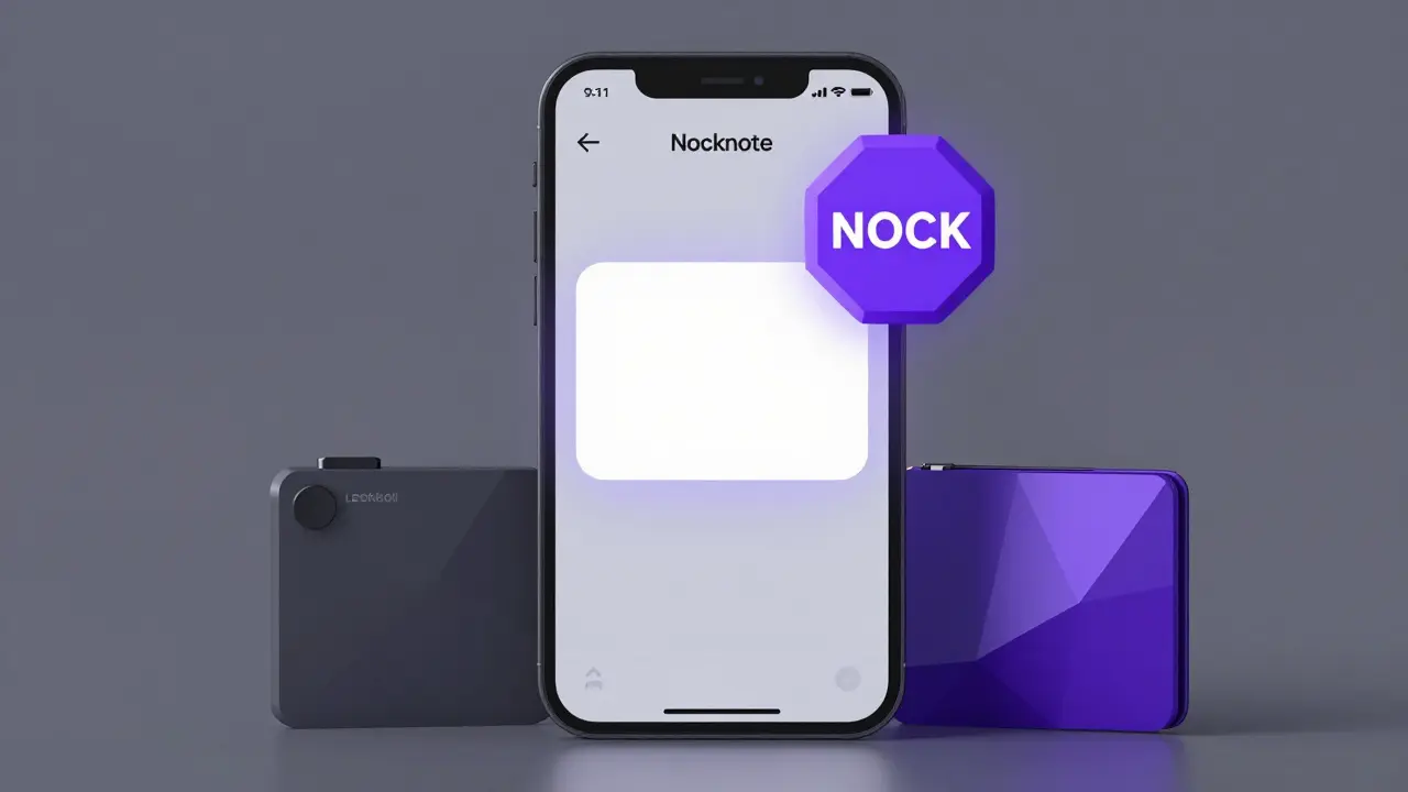 Nocknote app interface with a NOCK token boosting post visibility and hardware wallets nearby.