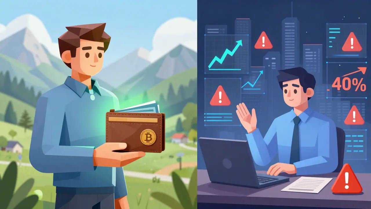 Split scene: calm private investor vs. chaotic professional trader with tax indicators.