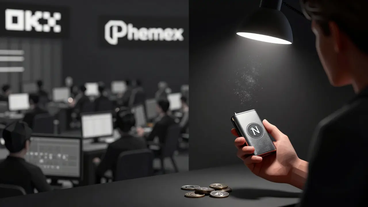 Split scene: chaotic exchange vs. solitary user securing NOCK tokens with a hardware wallet.