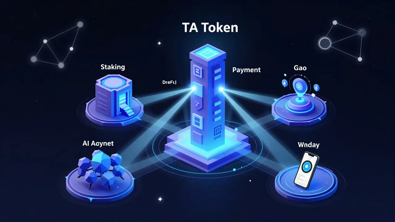 TA token energy beams powering DeFi, AI, DAO, and mobile verification systems in a cosmic digital ecosystem.