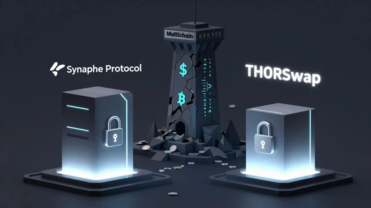The ruined Multichain tower beside rising alternatives Synapse Protocol and THORSwap, with falling coins leading to them.