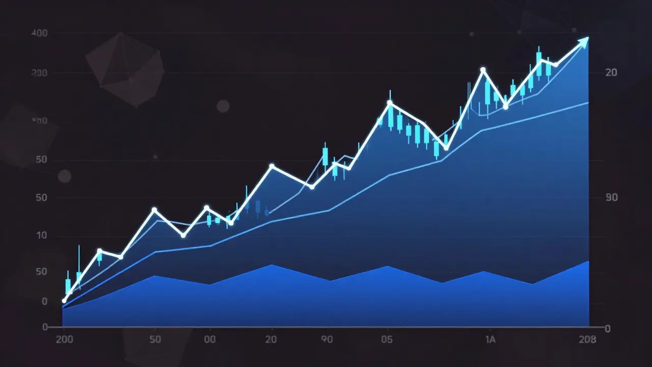 Three low-poly moving averages stacked in ascending order on a crypto chart, indicating a strong uptrend.