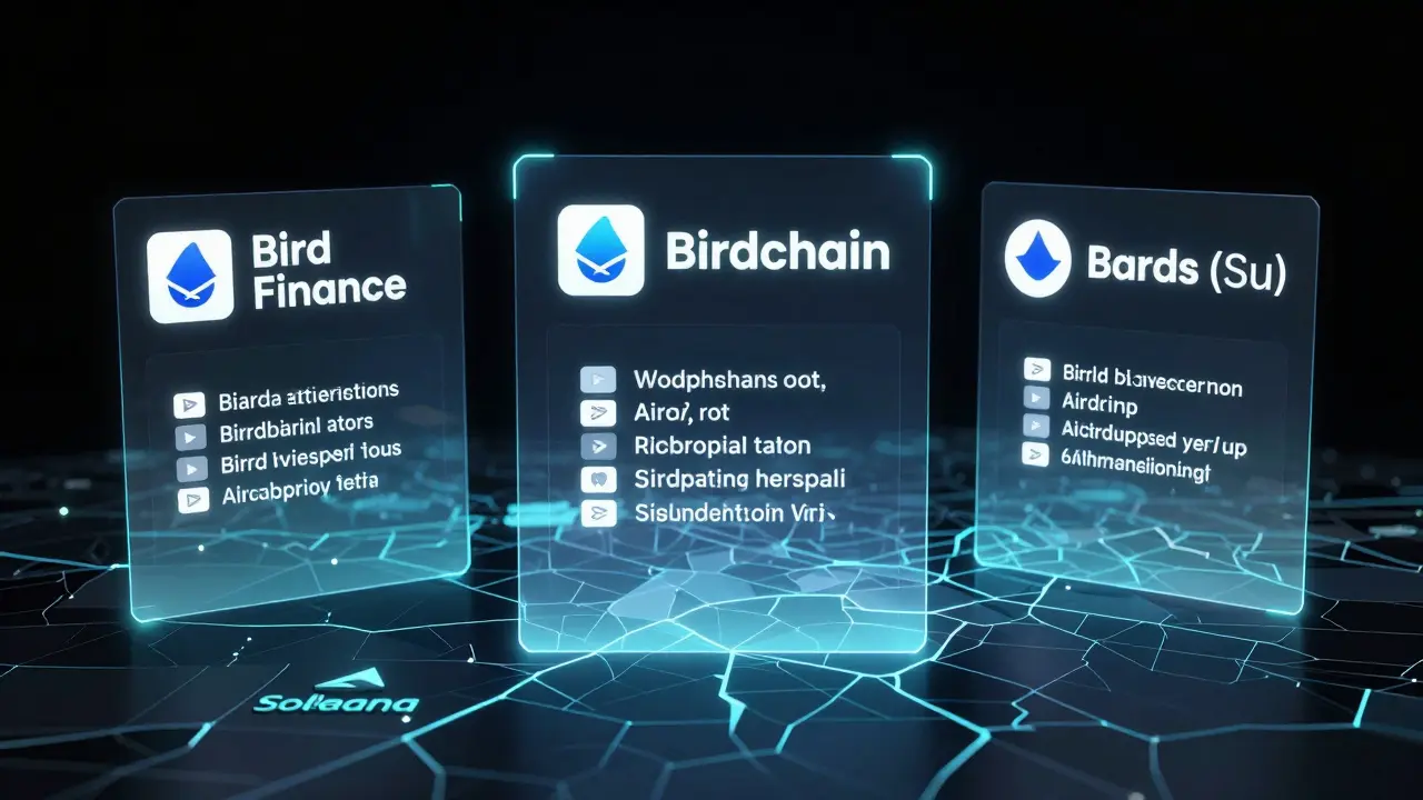 Three overlapping holographic crypto projects with conflicting airdrop rules, flickering over a cracked blockchain map.