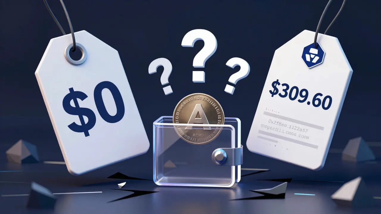 Two conflicting price tags for ACMD token with glitching exchange logos and a fading contract address.