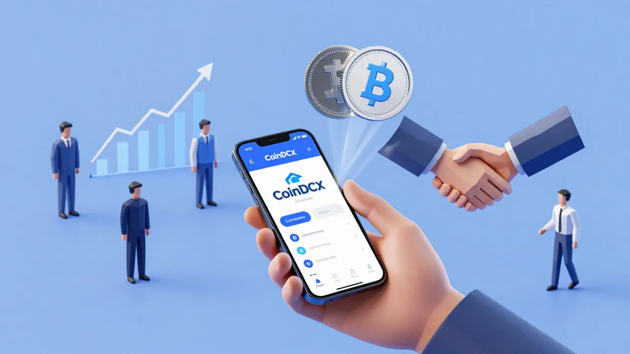 User with CoinDCX app surrounded by abstract figures symbolizing 20 million users and Coinbase partnership.