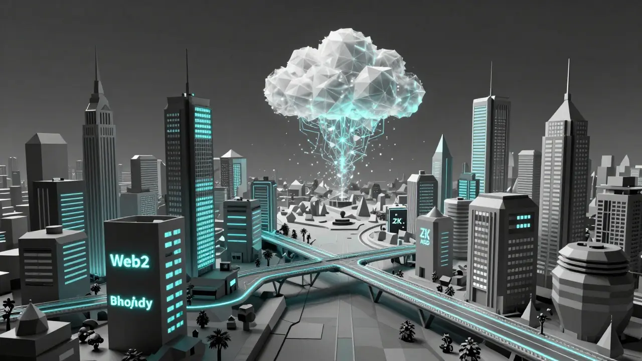 Web2 and Web3 structures connected by glowing bridges under a rising ProofCloud