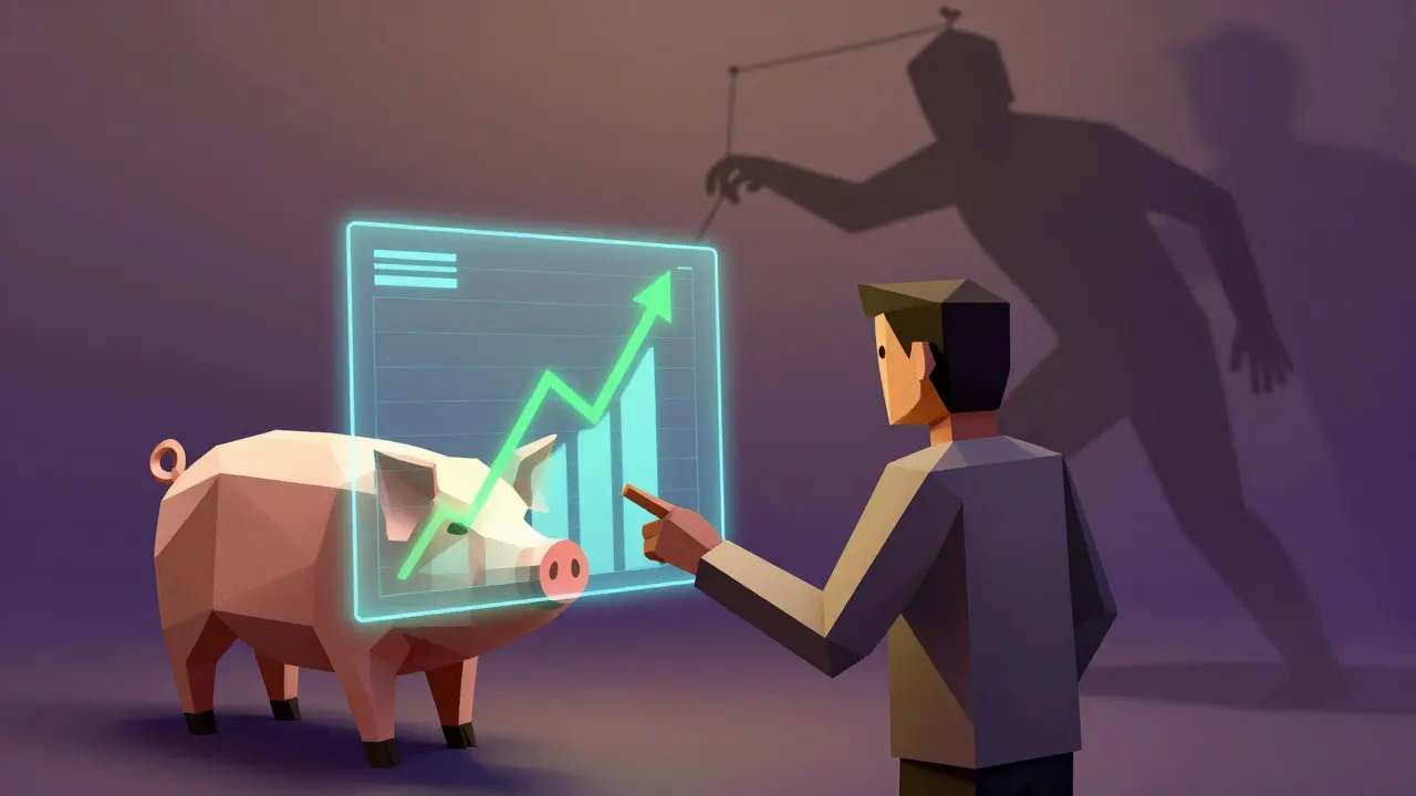 A low poly person viewing fake profit charts while a shadow figure manipulates them