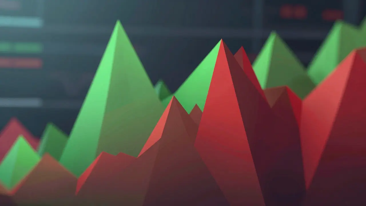 Colorful jagged poly mountains representing market price volatility.