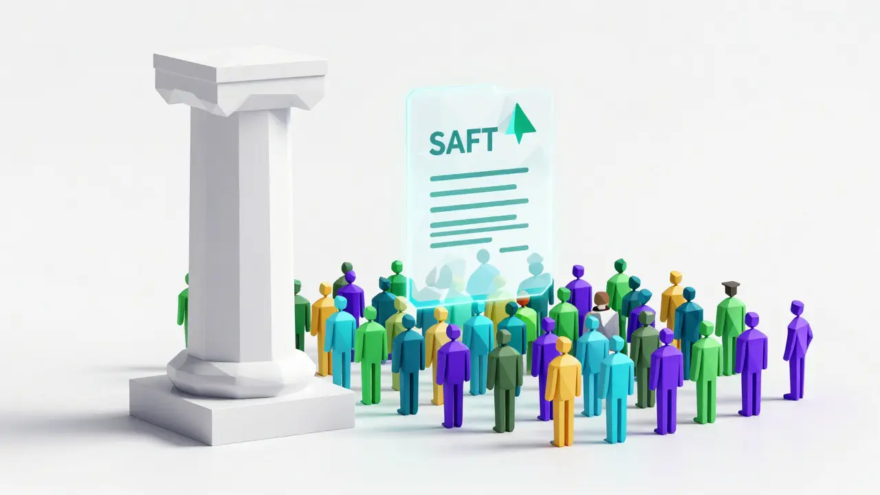 Low poly 3D art contrasting institutional venture capital with a wide community of retail investors.