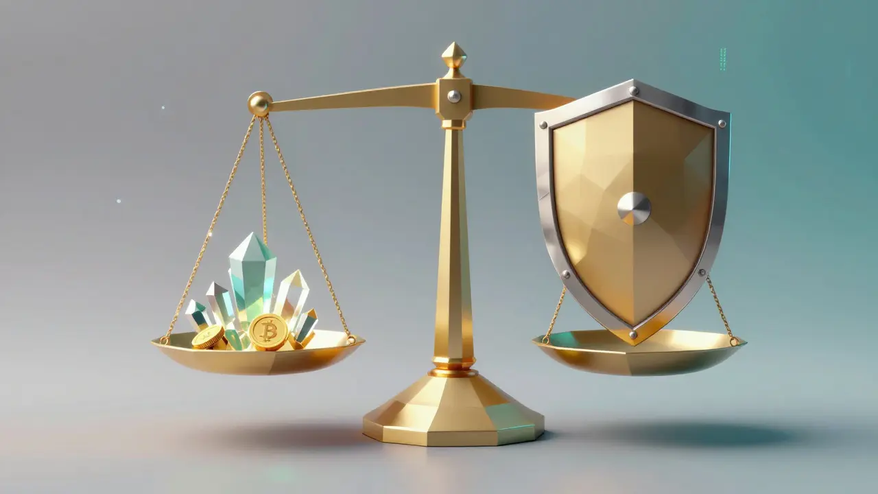 Low poly 3D scale balancing glowing crystals against a metallic security shield.
