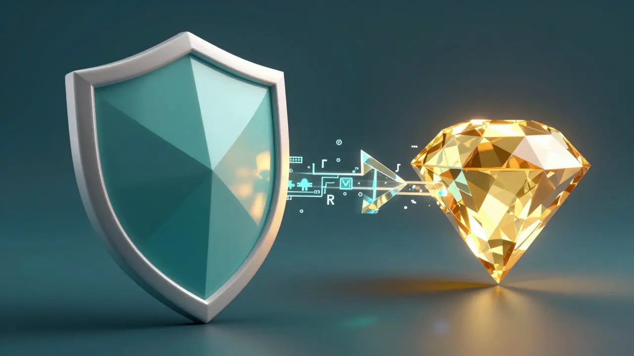 Low poly 3D visualization of a public key shield and a private key diamond.