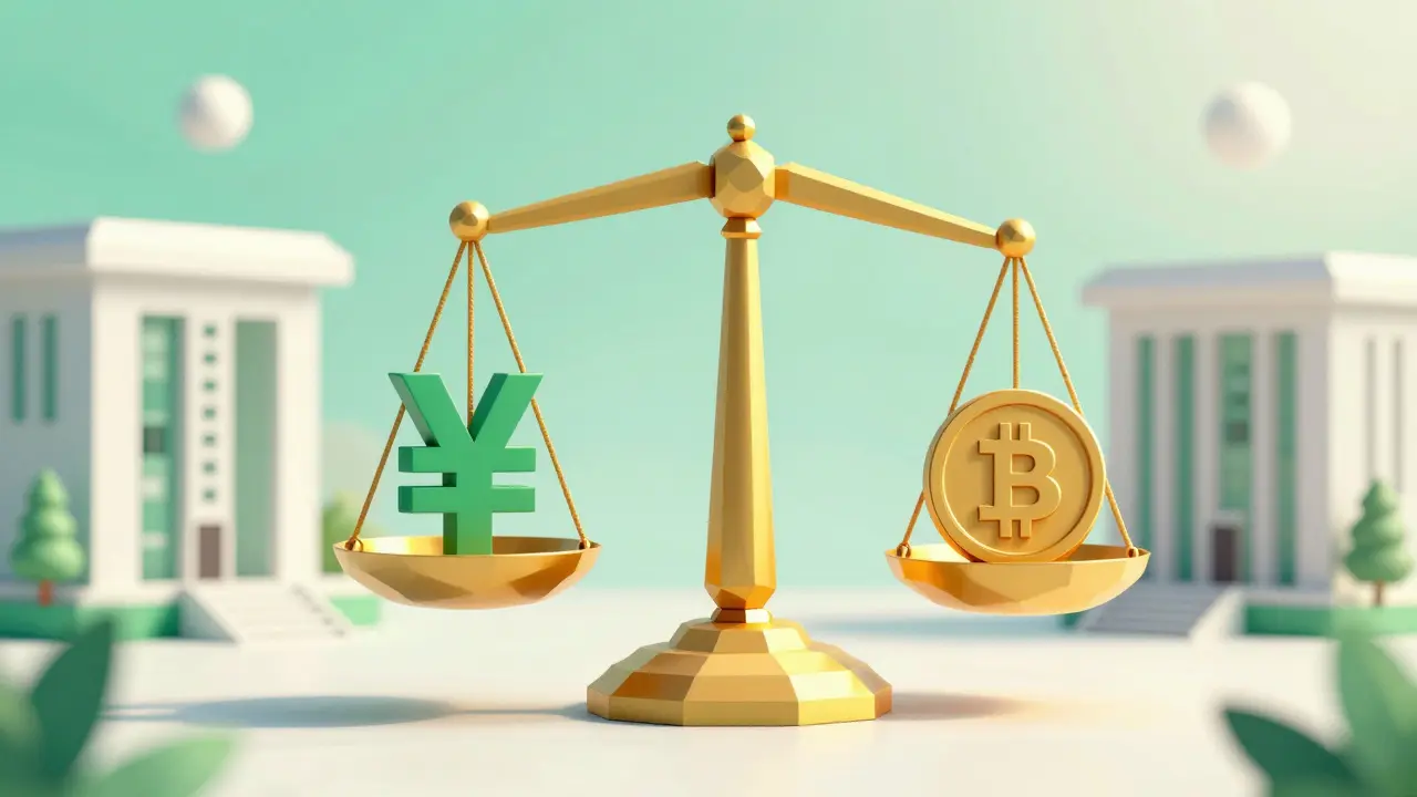 Low poly art of a scale balancing a Naira symbol and a cryptocurrency coin.