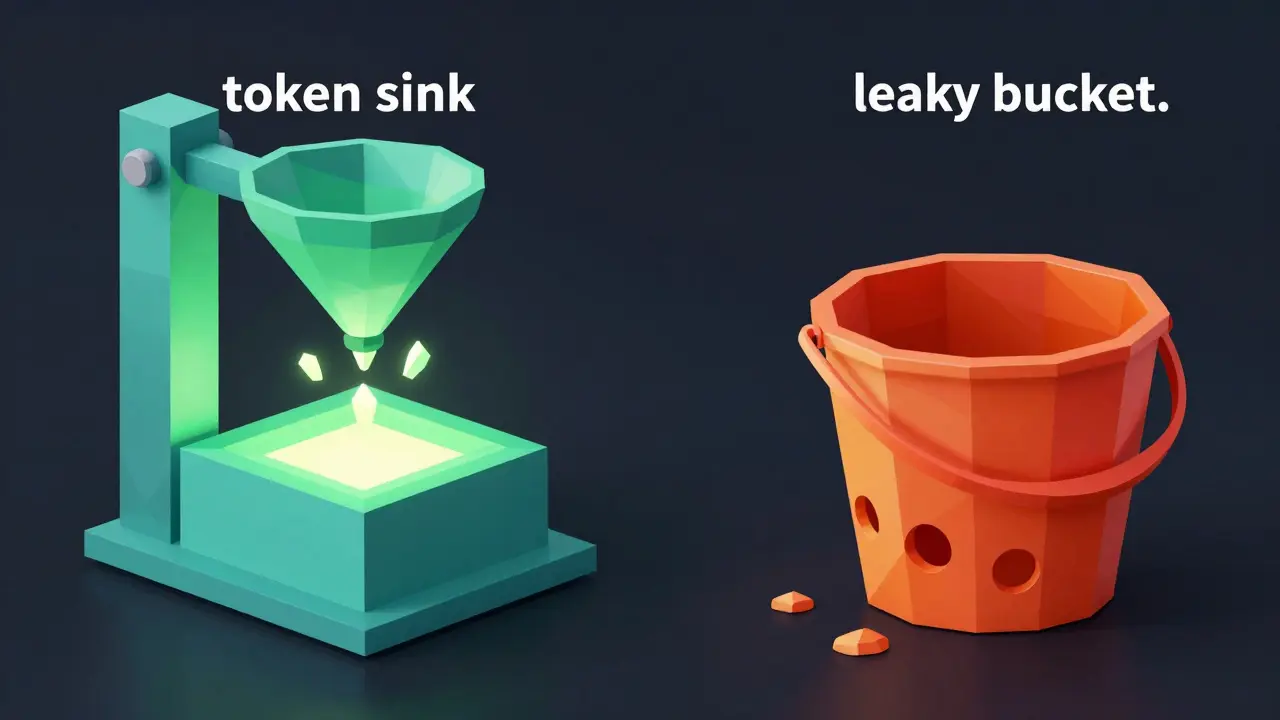 Low poly comparison of a structured token funnel and a leaking bucket to show sustainable versus broken models.