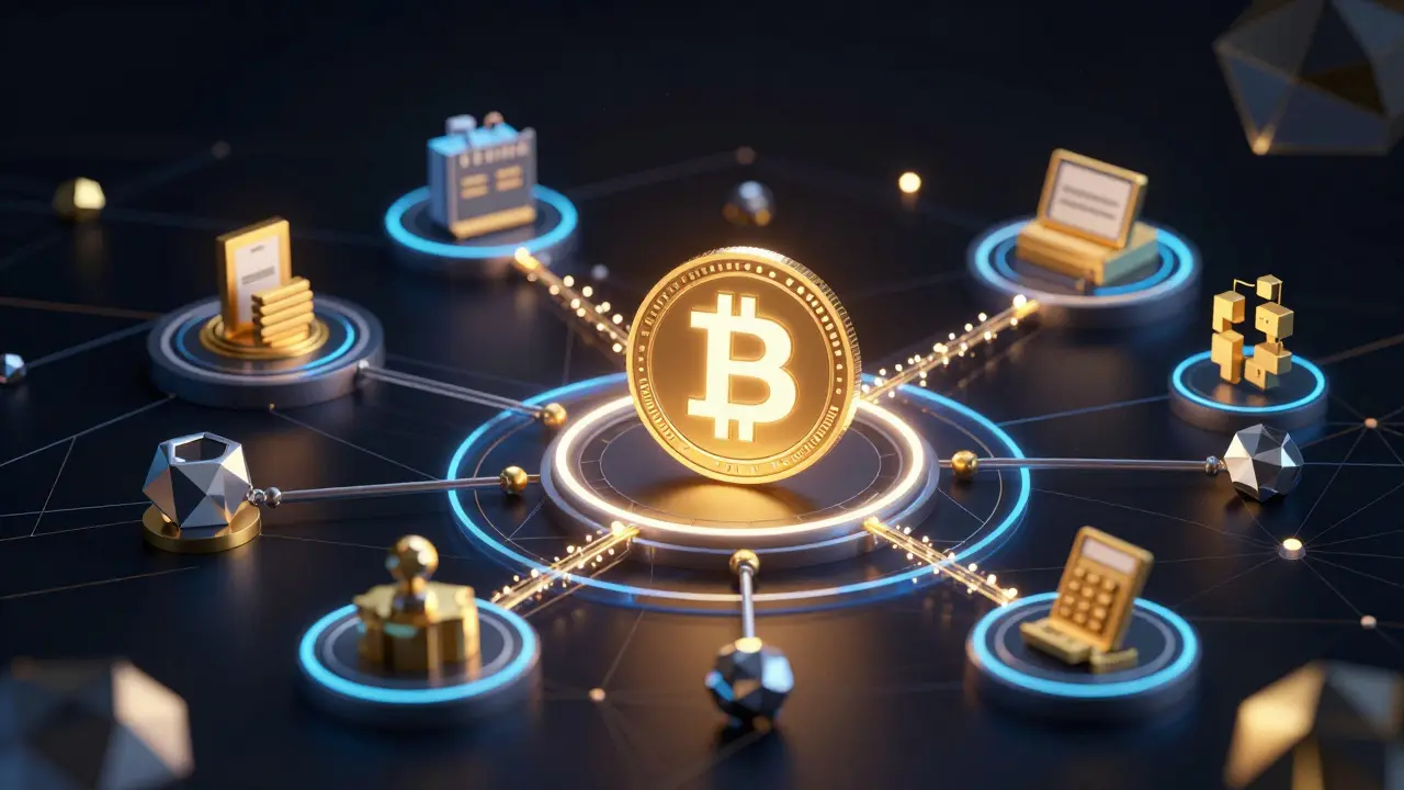 Low poly conceptual art of WBTC token powering a network of DeFi lending pools and financial nodes.