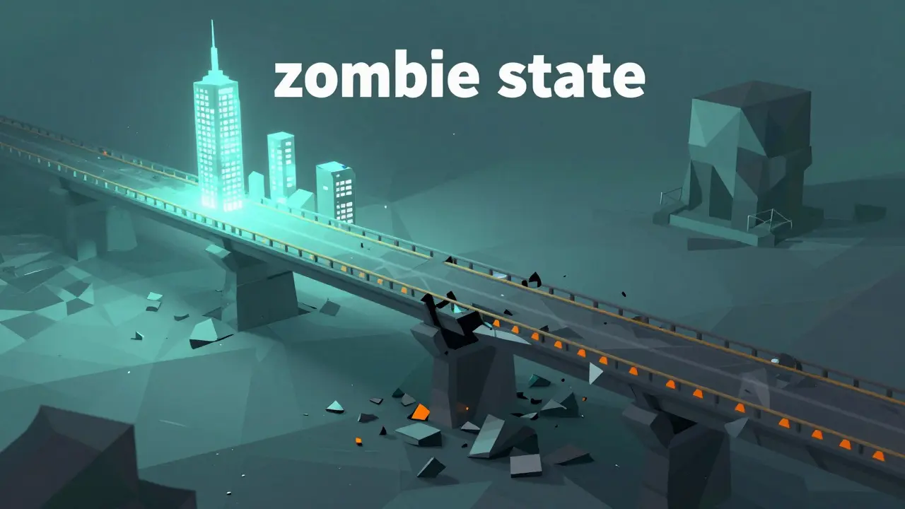 Low poly crumbling digital bridge leading to a dim, isolated geometric structure