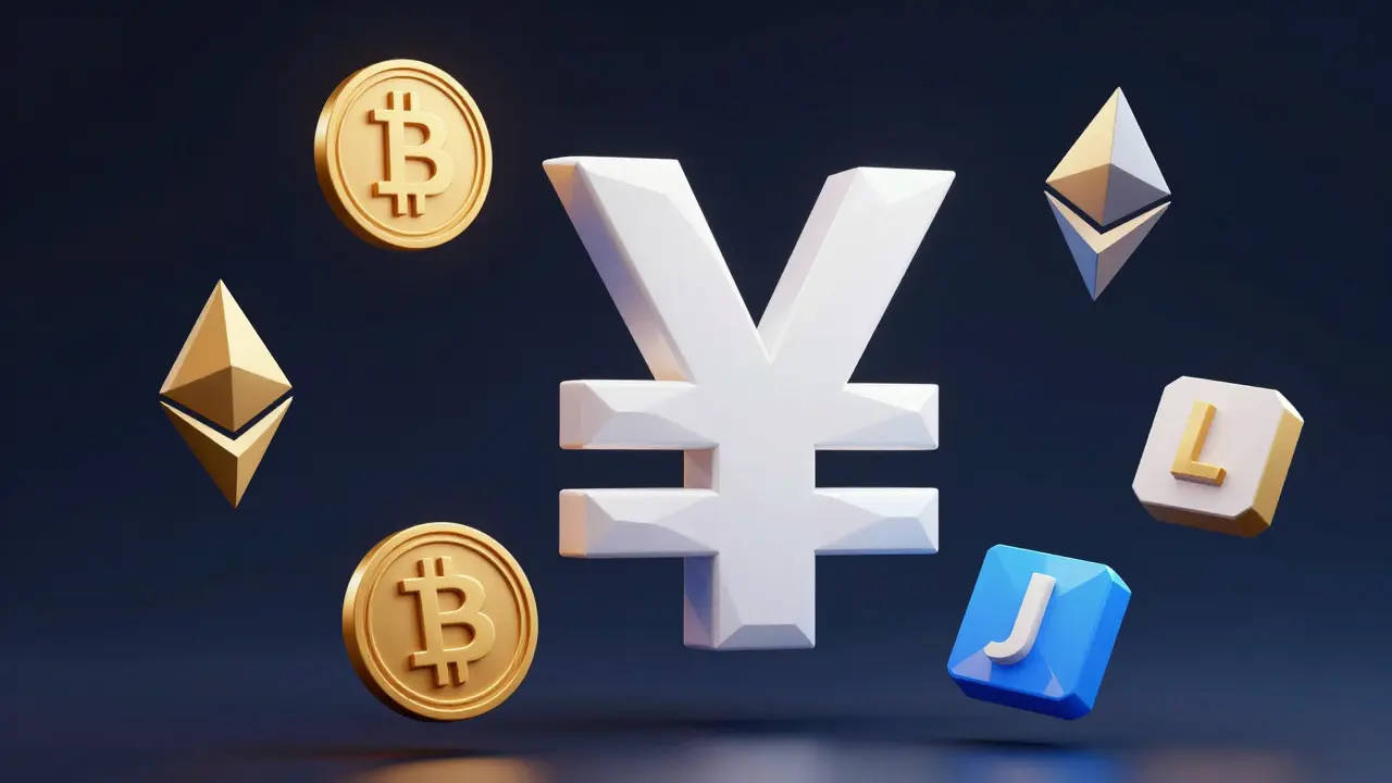 Low poly cryptocurrency symbols orbiting a Japanese Yen sign in a geometric style.