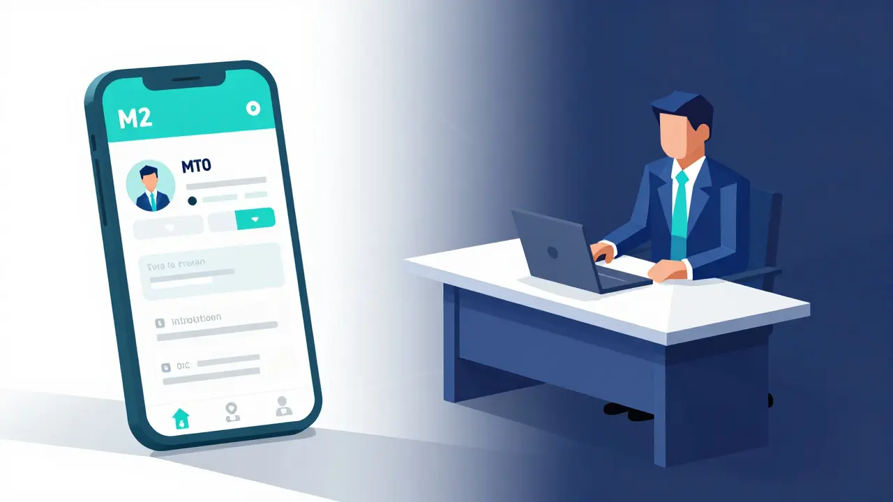 Low poly depiction of a mobile trading app and a corporate boardroom