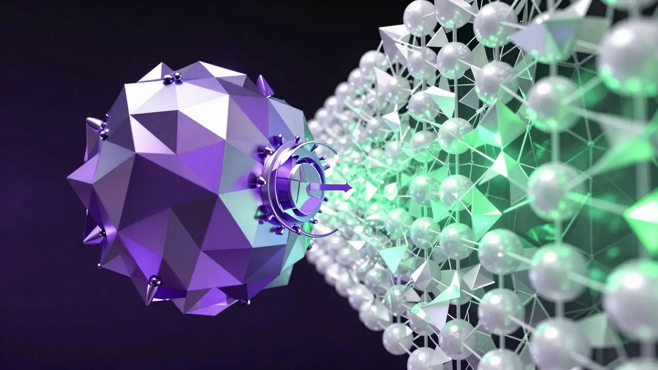 Low poly depiction of a quantum computer facing a lattice-based security wall.