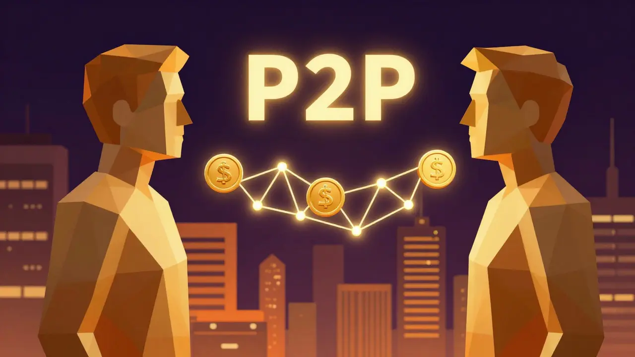 Low poly depiction of two people exchanging glowing digital coins via P2P.