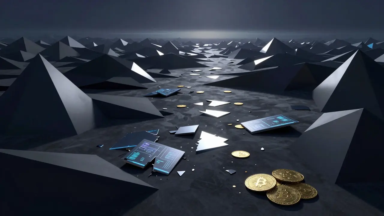 Low poly desolate digital landscape with broken geometric interface fragments.