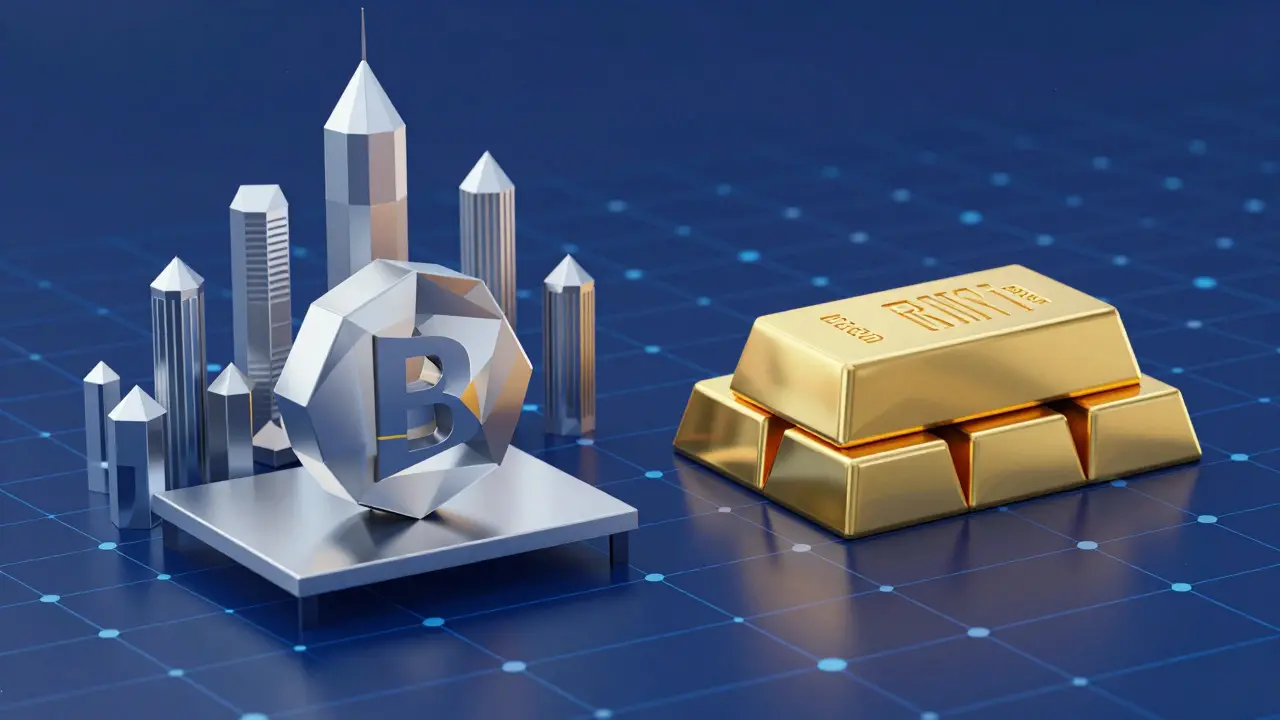 Low poly digital art showing a balance between cryptocurrency tokens and real-world physical assets.