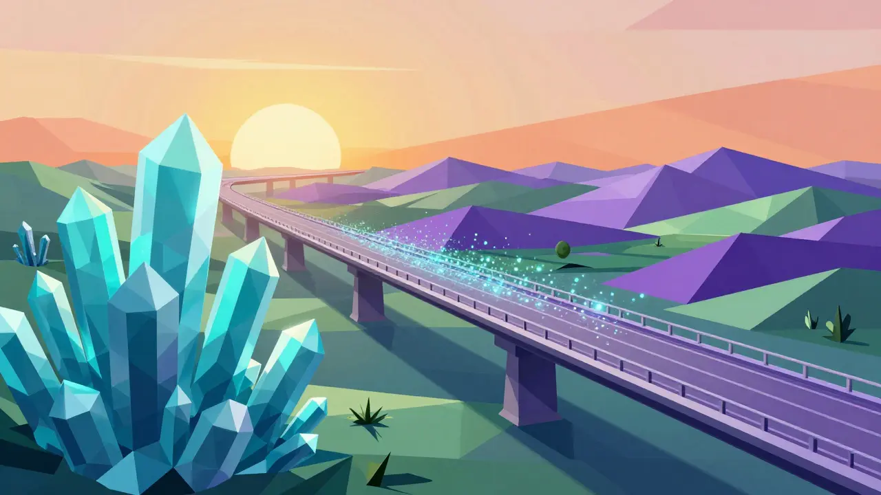 Low poly digital bridge connecting a cyan ICP realm to a purple and green Solana landscape.