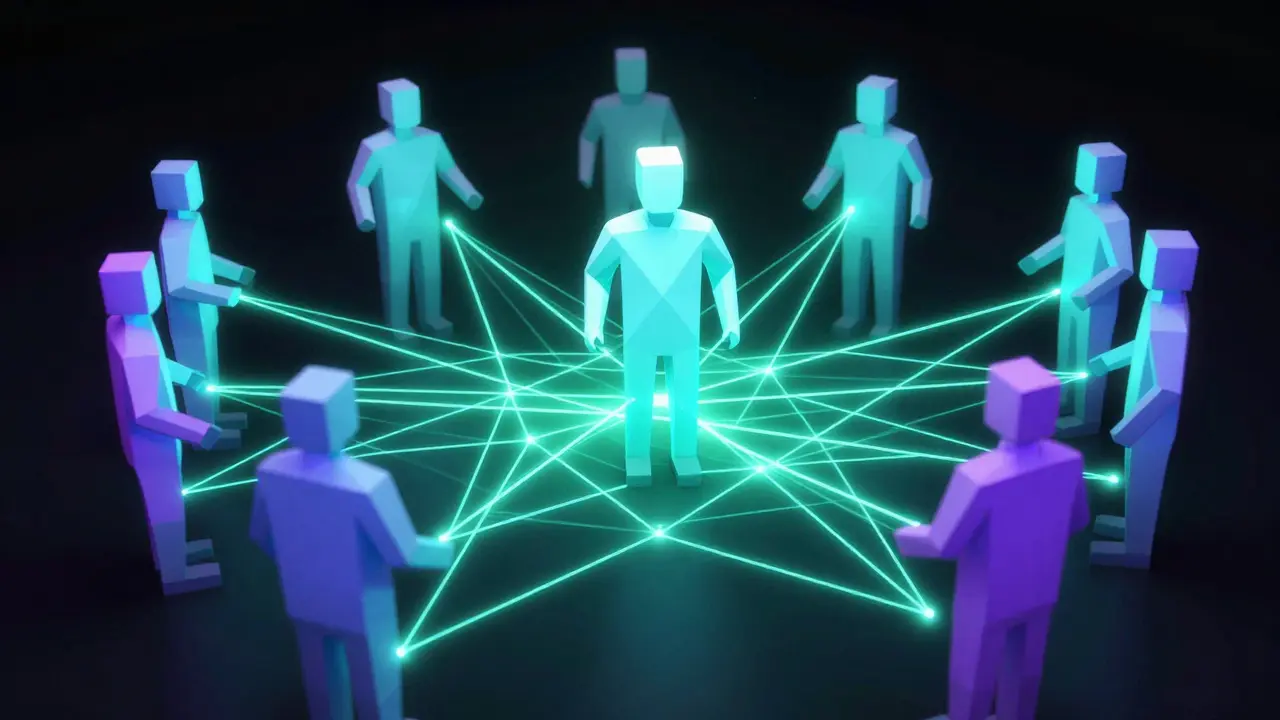 Low poly digital network showing a trader being mirrored by other followers in copy trading.