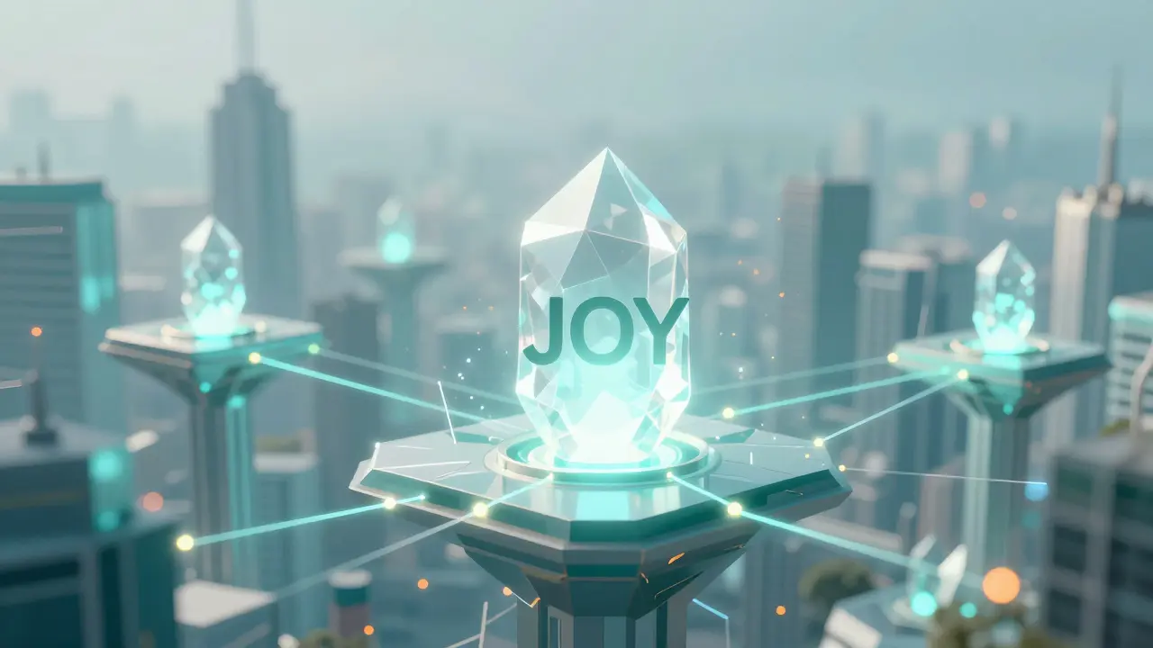 Low poly futuristic network of interconnected nodes and a glowing central crystal.