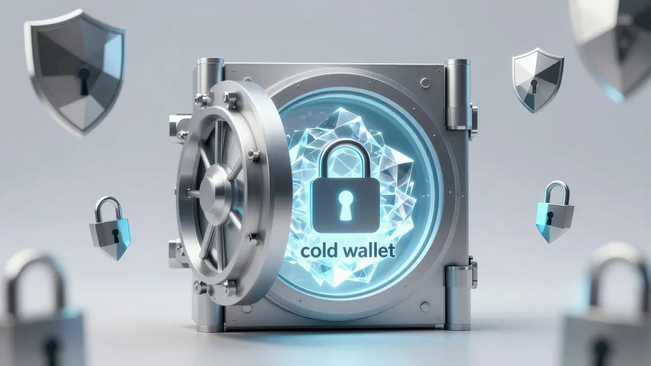 Low poly futuristic vault and shields representing cryptocurrency security and cold storage.