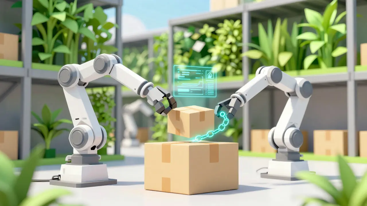 Low poly futuristic warehouse with robots scanning a package linked to a digital blockchain ledger.